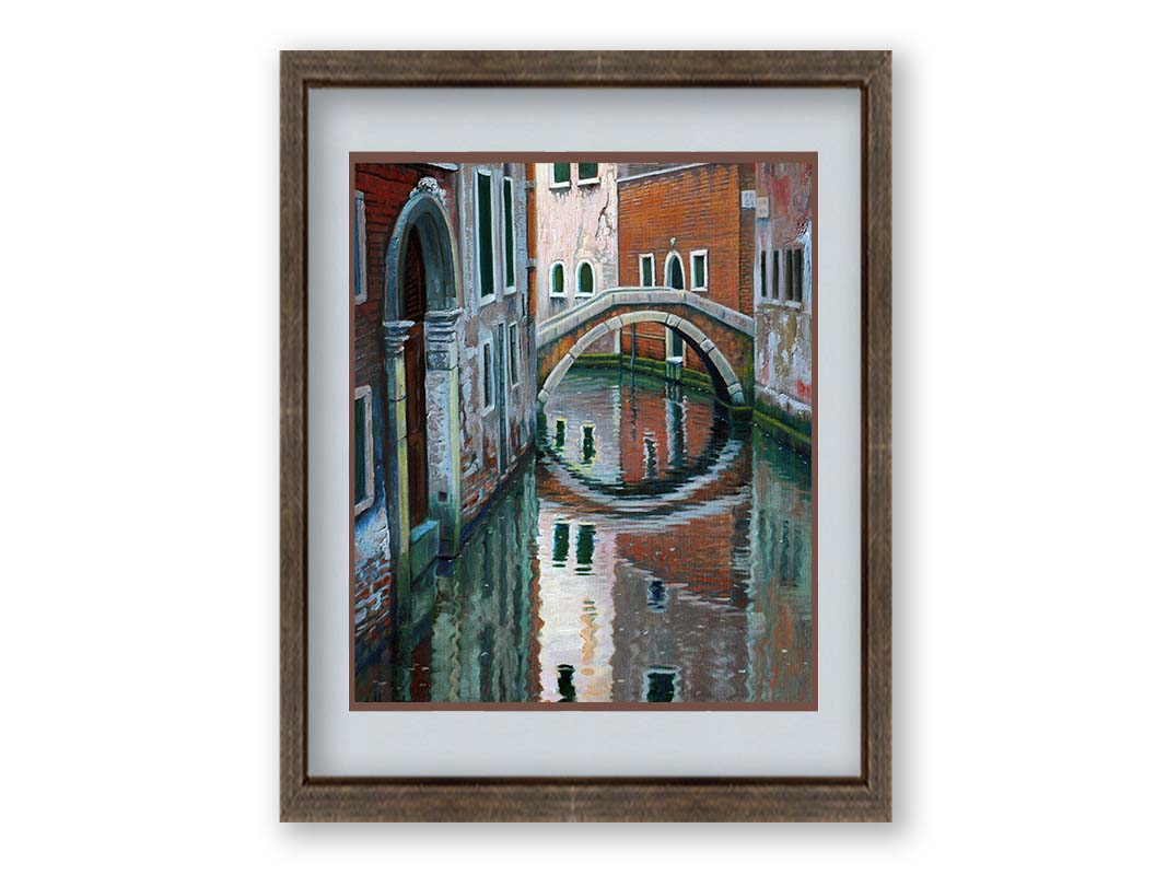 A painting of a Venice canal alleyway, passing under a bridge between old brick buildings. Printed on paper, matted, and framed.