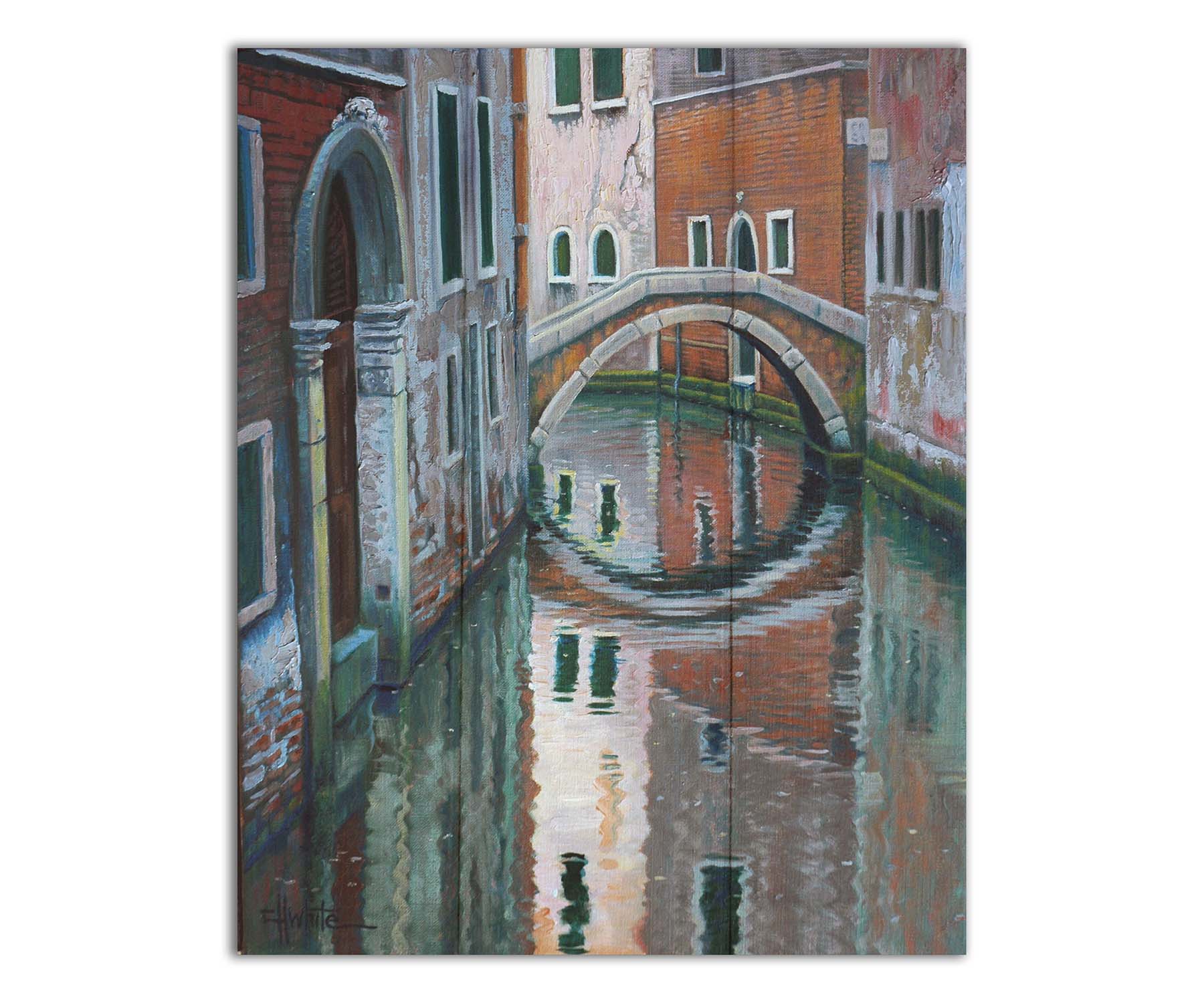 A painting of a Venice canal alleyway, passing under a bridge between old brick buildings. Printed on a box board.