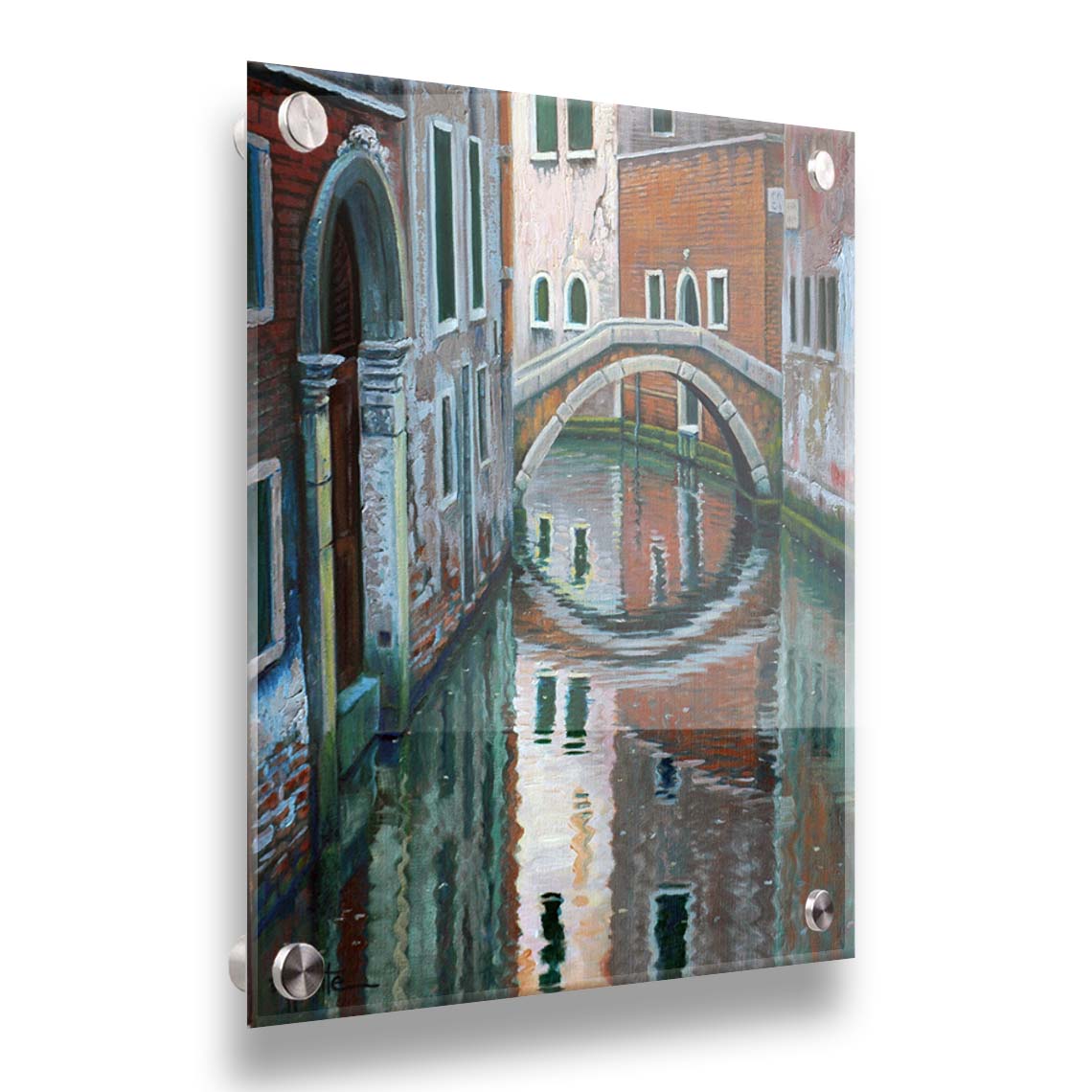 A painting of a Venice canal alleyway, passing under a bridge between old brick buildings. Printed on acrylic.