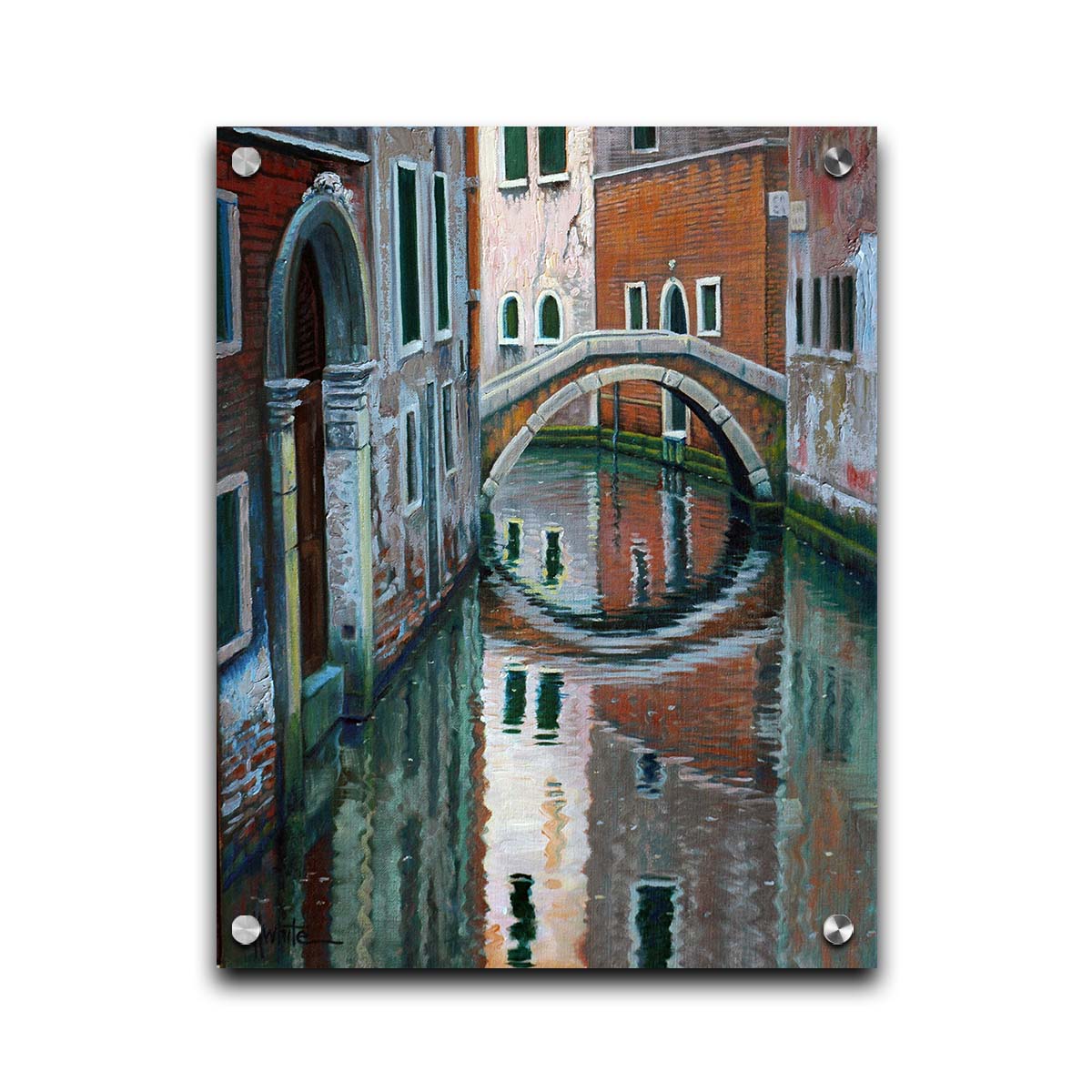 A painting of a Venice canal alleyway, passing under a bridge between old brick buildings. Printed on acrylic.