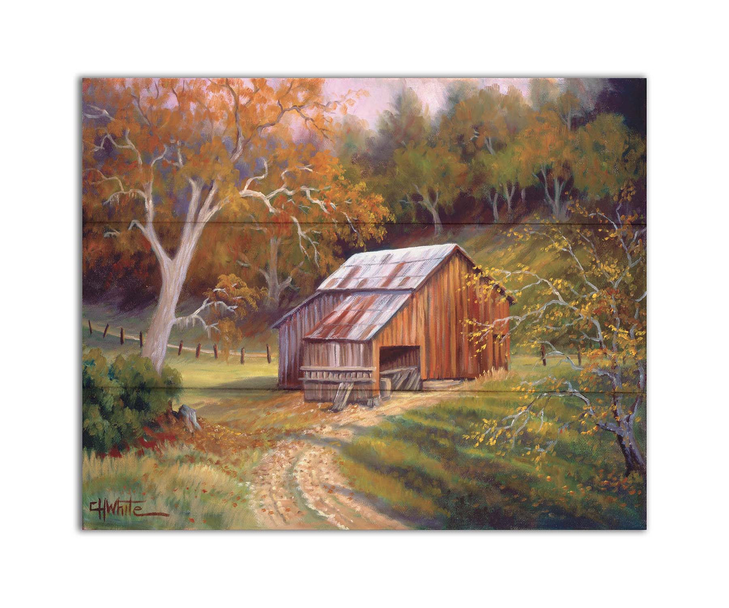 A painting of a dirt road near a forest, leading toward a rustic old barn. The leaves of the trees are turning colors for fall. Printed on a box board.