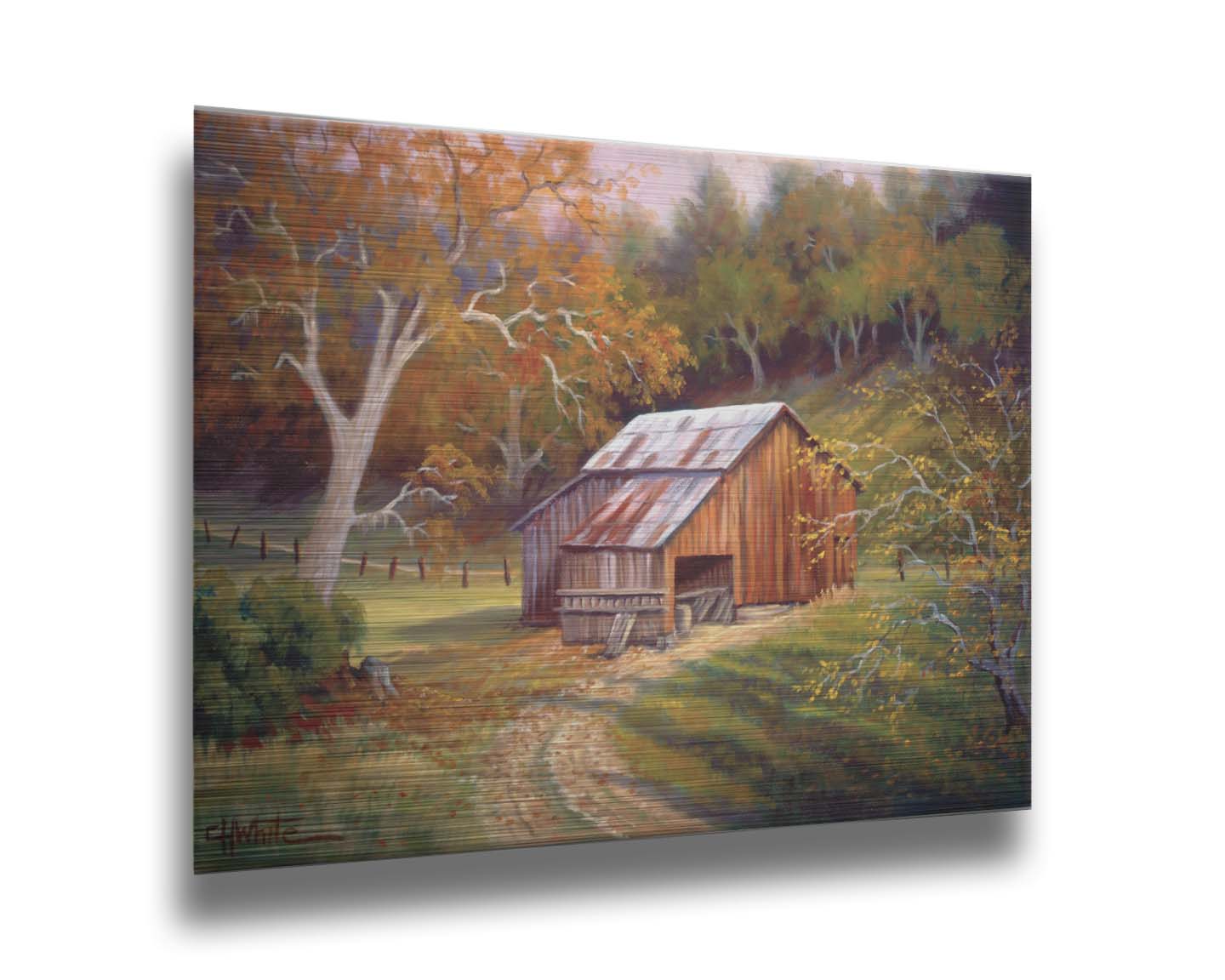 A painting of a dirt road near a forest, leading toward a rustic old barn. The leaves of the trees are turning colors for fall. Printed on metal.