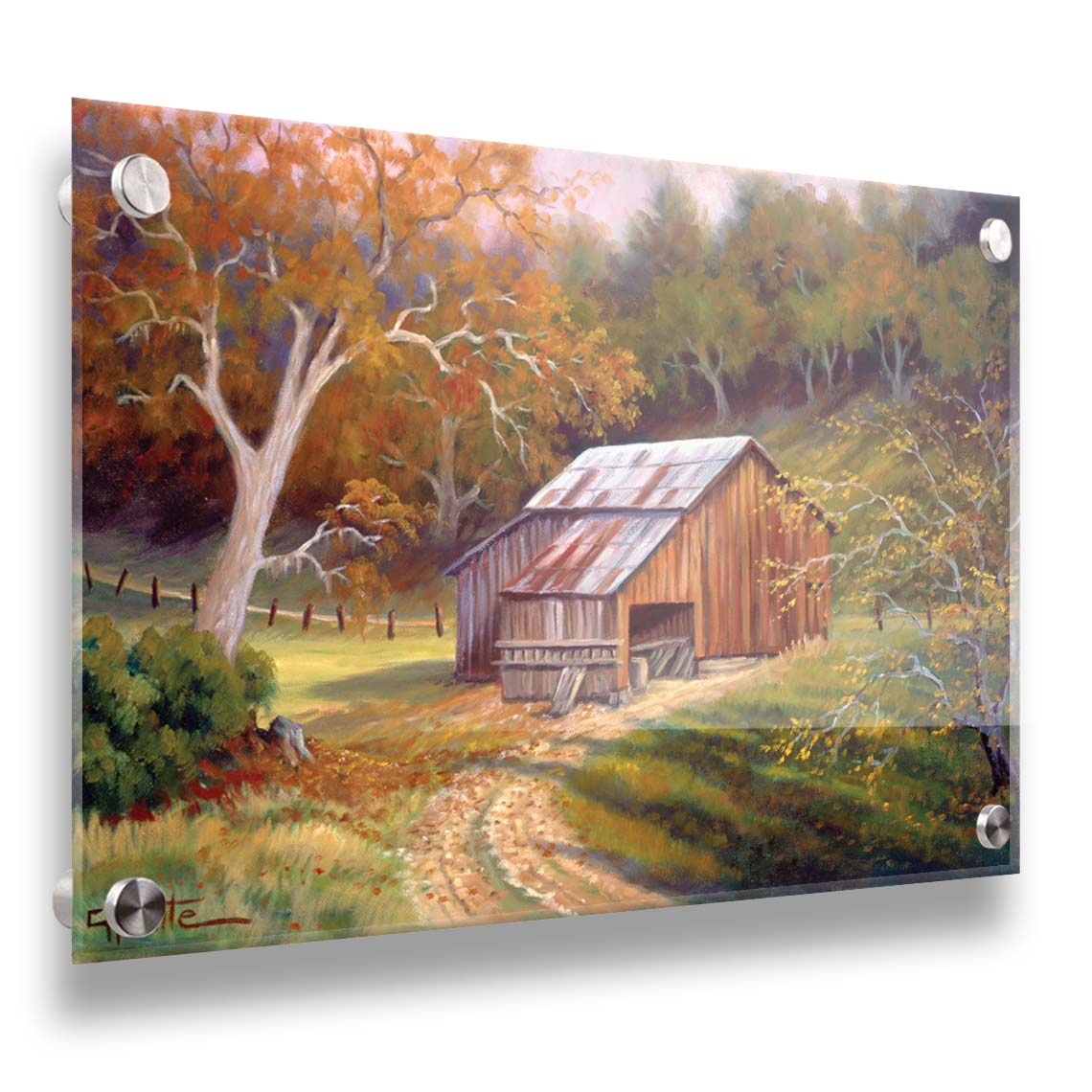 A painting of a dirt road near a forest, leading toward a rustic old barn. The leaves of the trees are turning colors for fall. Printed on acrylic.