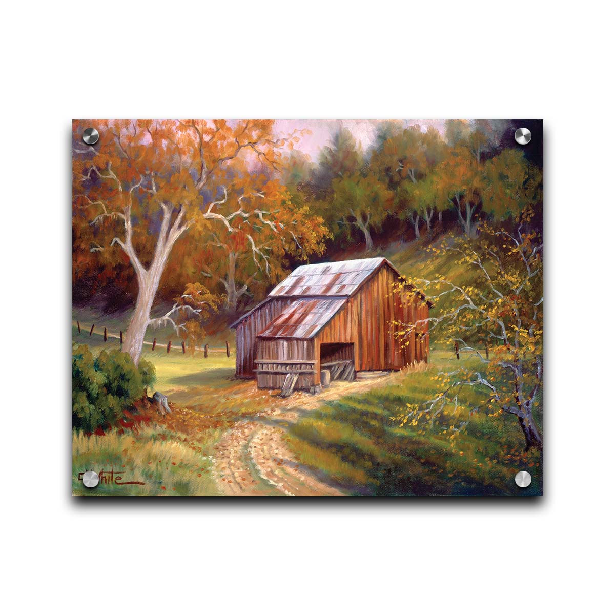 A painting of a dirt road near a forest, leading toward a rustic old barn. The leaves of the trees are turning colors for fall. Printed on acrylic.