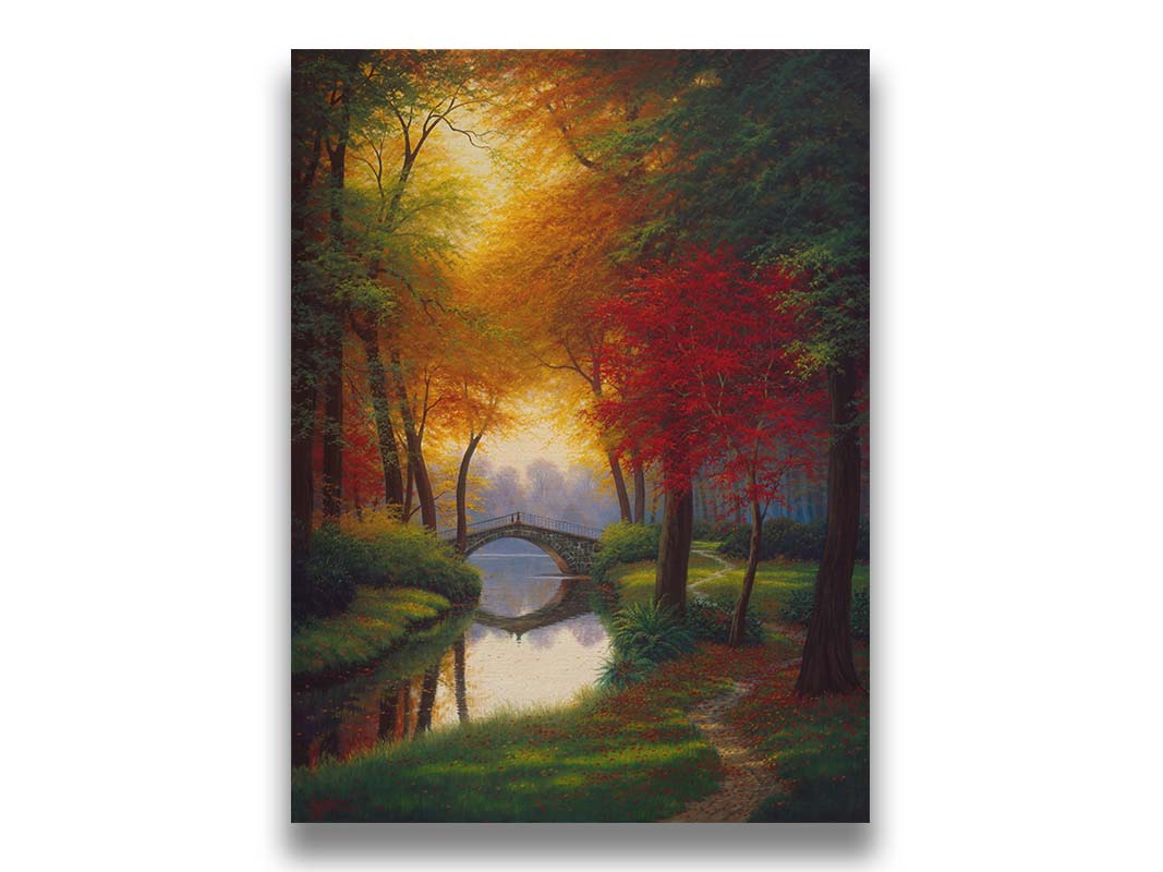 A painting of a path through a forested park in autumn, running alongside a stream to a bridge. Printed on canvas.