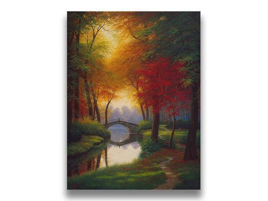 A painting of a path through a forested park in autumn, running alongside a stream to a bridge. Printed on canvas.