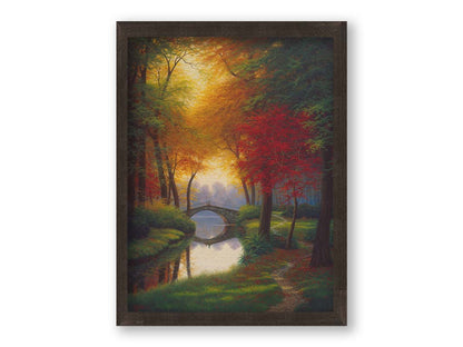 A painting of a path through a forested park in autumn, running alongside a stream to a bridge. Printed on canvas and framed.