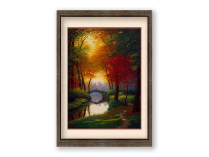 A painting of a path through a forested park in autumn, running alongside a stream to a bridge. Printed on paper, matted, and framed.