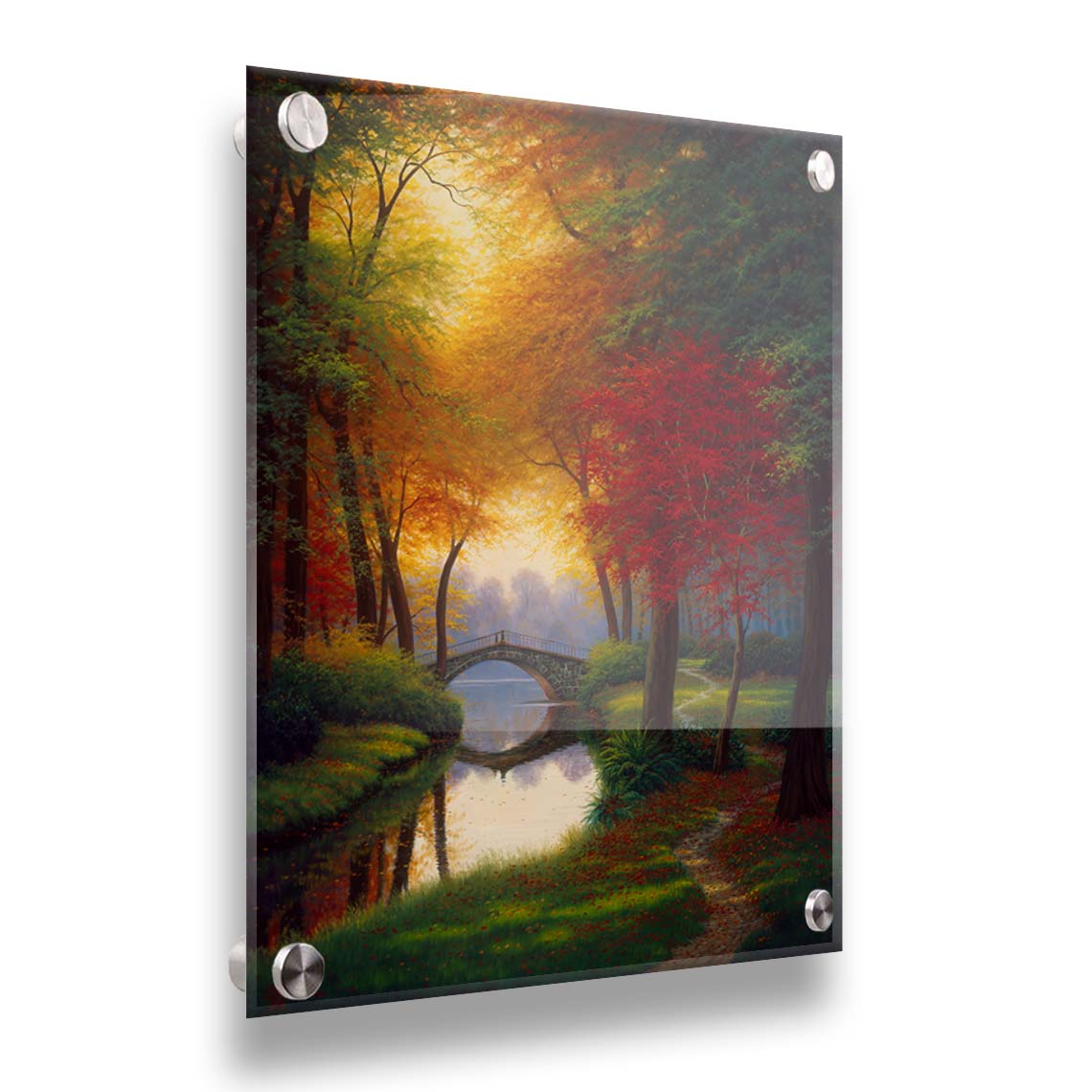 A painting of a path through a forested park in autumn, running alongside a stream to a bridge. Printed on acrylic.