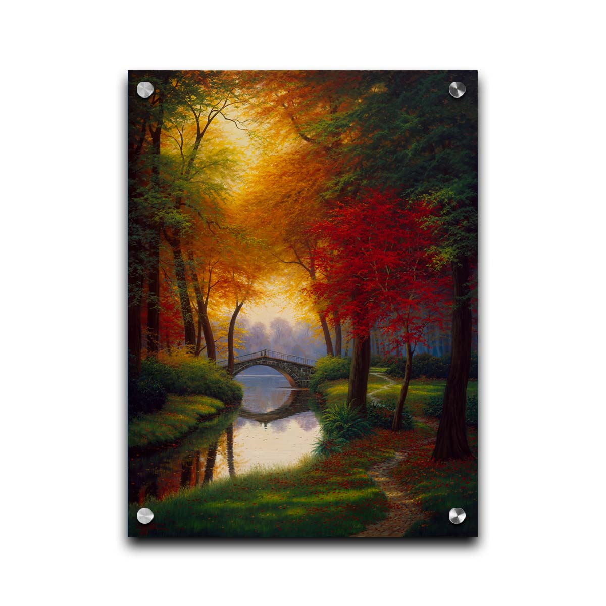 A painting of a path through a forested park in autumn, running alongside a stream to a bridge. Printed on acrylic.