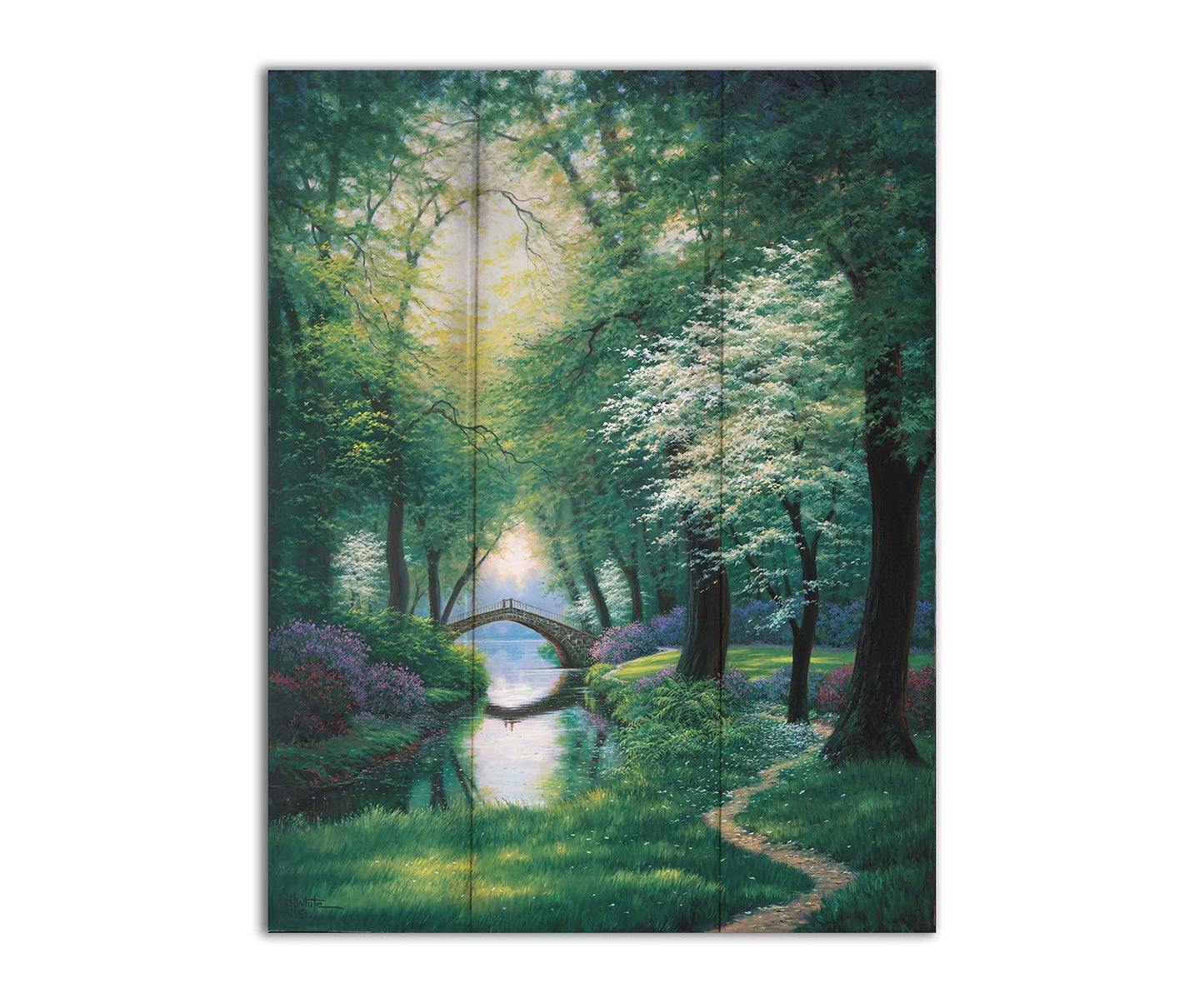 A painting of a path through a forested park in spring, running alongside a stream to a bridge. Printed on a box board.