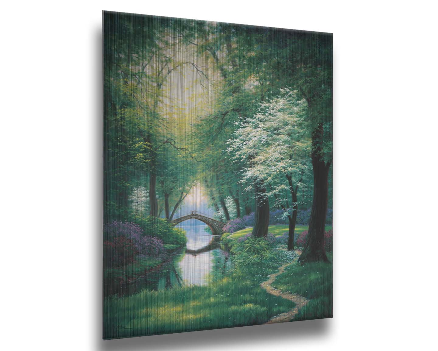 A painting of a path through a forested park in spring, running alongside a stream to a bridge. Printed on metal.