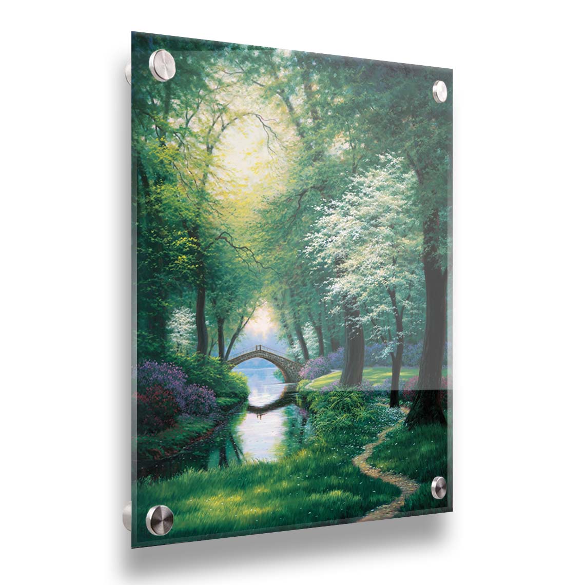 A painting of a path through a forested park in spring, running alongside a stream to a bridge. Printed on acrylic.