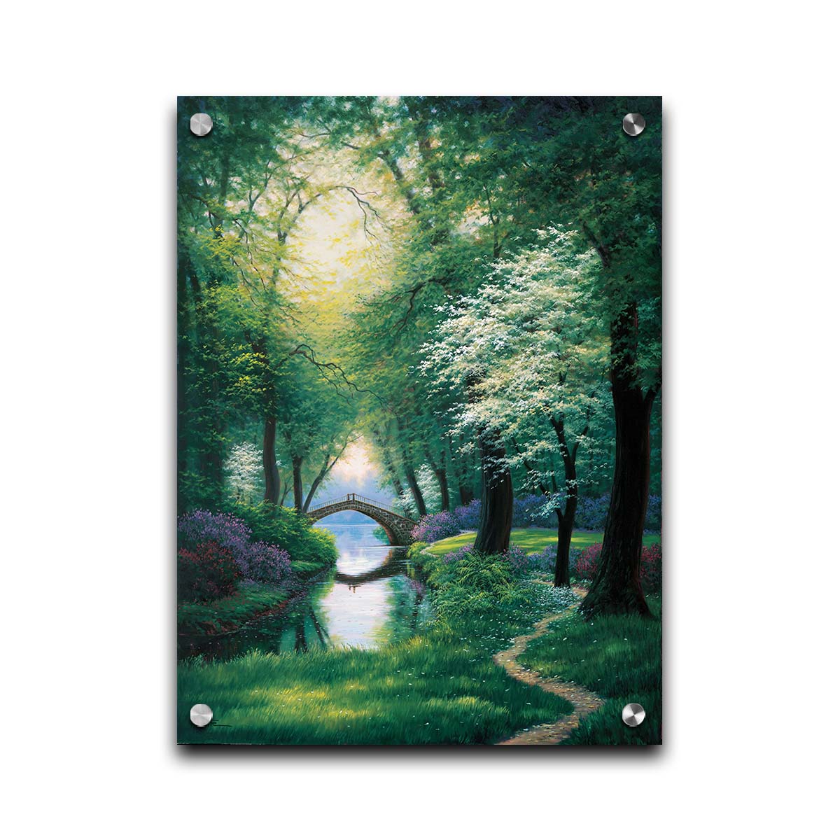 A painting of a path through a forested park in spring, running alongside a stream to a bridge. Printed on acrylic.