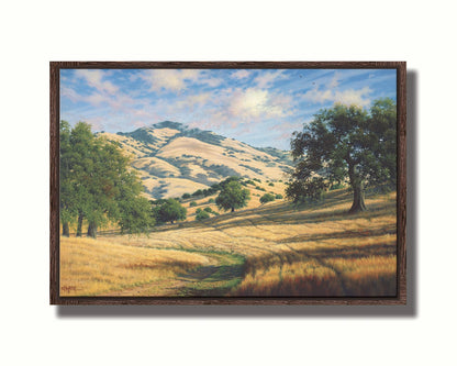 A painting of Mount Diablo, California, with grassy trails stretching into the distance. Printed on canvas in a float frame.