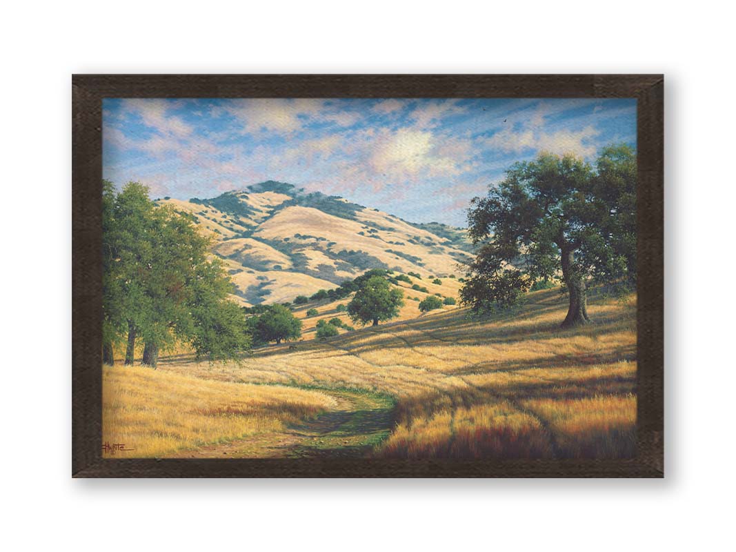 A painting of Mount Diablo, California, with grassy trails stretching into the distance. Printed on canvas and framed.