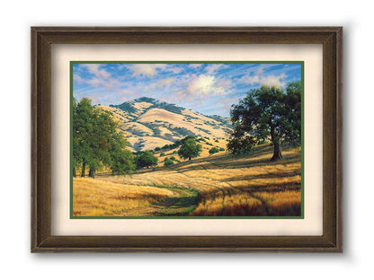 A painting of Mount Diablo, California, with grassy trails stretching into the distance. Printed on paper, matted, and framed.