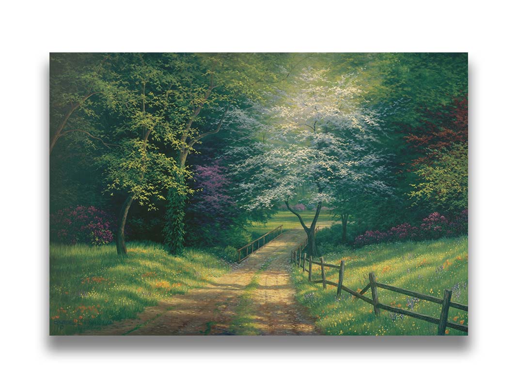 A painting of the view down a dirt road, surrounded by grass, wildflowers, and the colorful trees of spring. Light peeks through the branches, highlighting the road and connecting bridge. Printed on canvas.