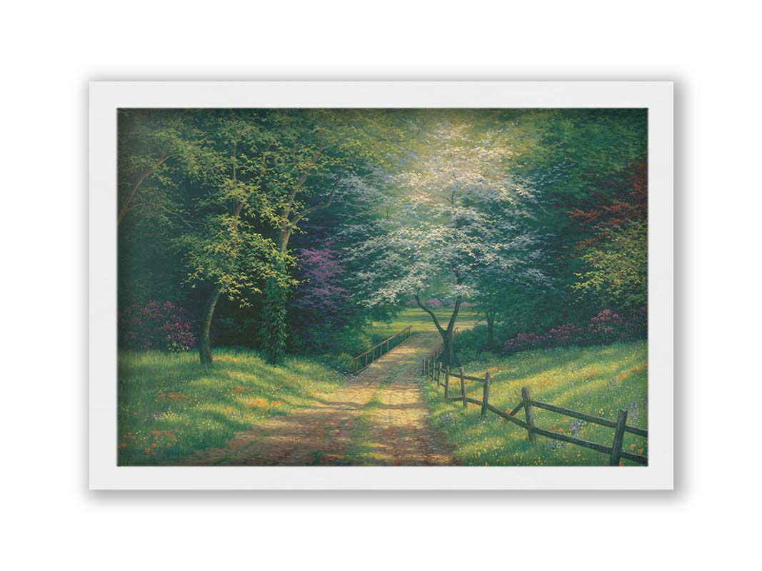 A painting of the view down a dirt road, surrounded by grass, wildflowers, and the colorful trees of spring. Light peeks through the branches, highlighting the road and connecting bridge. Printed on canvas and framed.