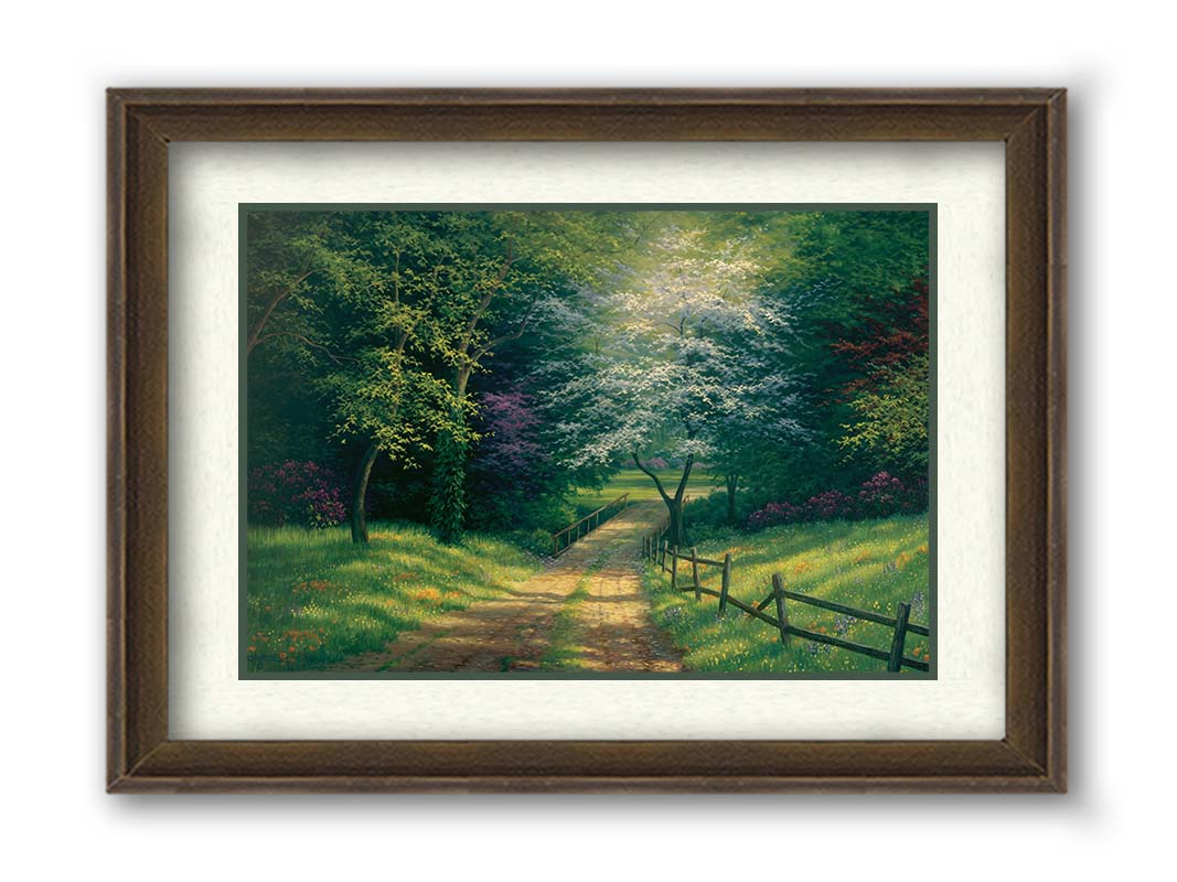 A painting of the view down a dirt road, surrounded by grass, wildflowers, and the colorful trees of spring. Light peeks through the branches, highlighting the road and connecting bridge. Printed on paper, matted, and framed.