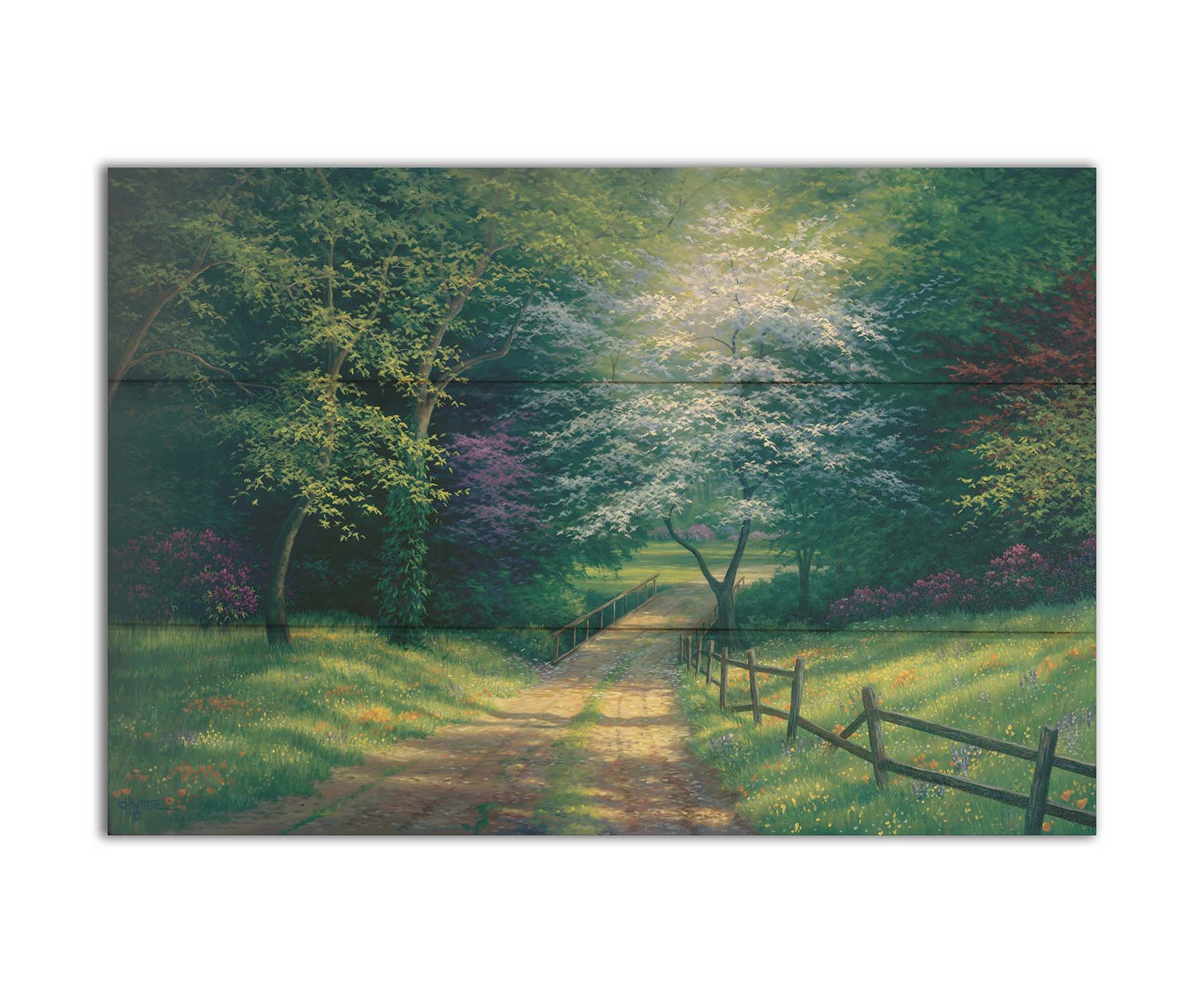 A painting of the view down a dirt road, surrounded by grass, wildflowers, and the colorful trees of spring. Light peeks through the branches, highlighting the road and connecting bridge. Printed on a box board.