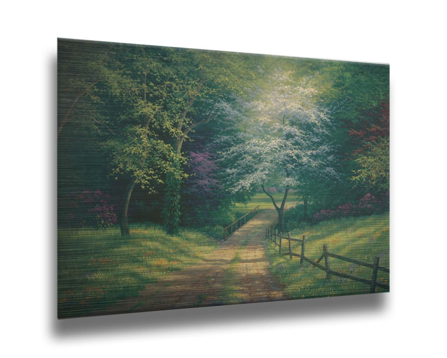 A painting of the view down a dirt road, surrounded by grass, wildflowers, and the colorful trees of spring. Light peeks through the branches, highlighting the road and connecting bridge. Printed on metal.