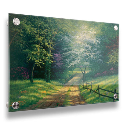 A painting of the view down a dirt road, surrounded by grass, wildflowers, and the colorful trees of spring. Light peeks through the branches, highlighting the road and connecting bridge. Printed on acrylic.