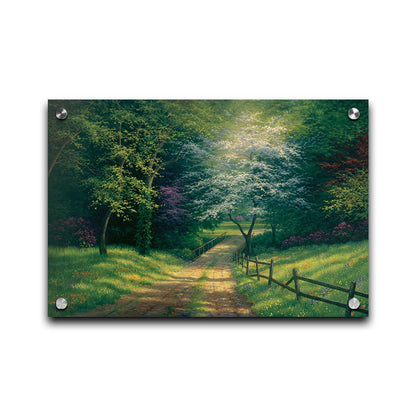 A painting of the view down a dirt road, surrounded by grass, wildflowers, and the colorful trees of spring. Light peeks through the branches, highlighting the road and connecting bridge. Printed on acrylic.