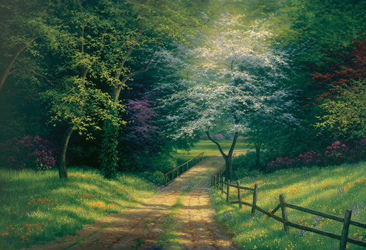 A painting of the view down a dirt road, surrounded by grass, wildflowers, and the colorful trees of spring. Light peeks through the branches, highlighting the road and connecting bridge.