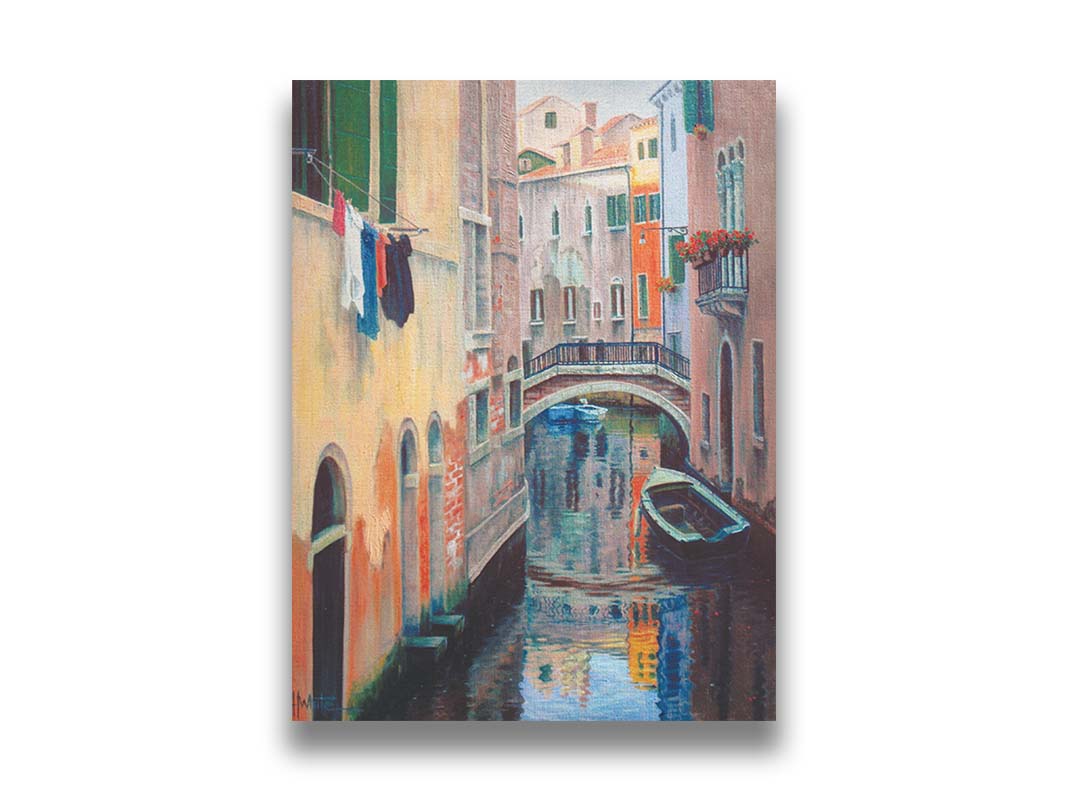 A painting of the alleyway canals of Venice, with boats floating on the water. Printed on canvas.