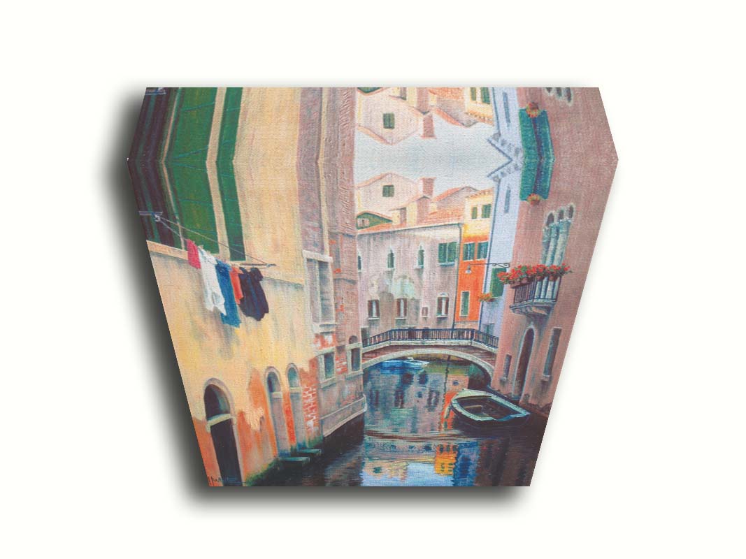 A painting of the alleyway canals of Venice, with boats floating on the water. Printed on canvas.