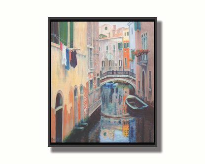 A painting of the alleyway canals of Venice, with boats floating on the water. Printed on canvas in a float frame.