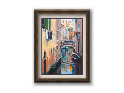 A painting of the alleyway canals of Venice, with boats floating on the water. Printed on paper, matted, and framed.