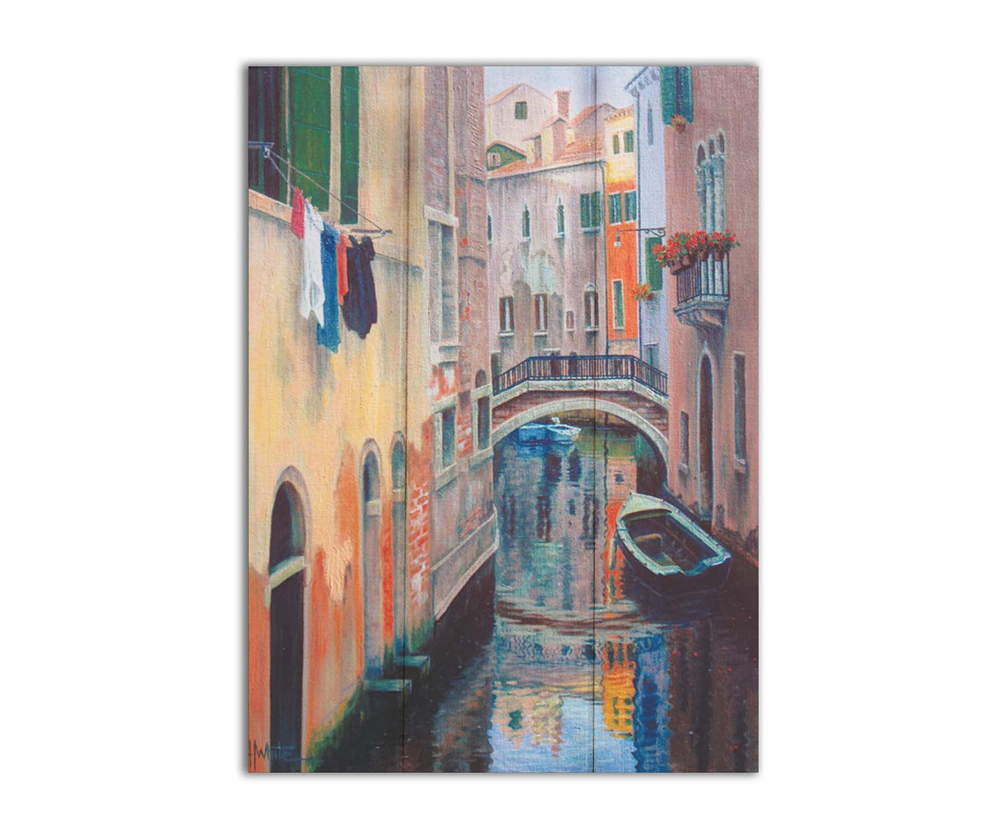 A painting of the alleyway canals of Venice, with boats floating on the water. Printed on a box board.