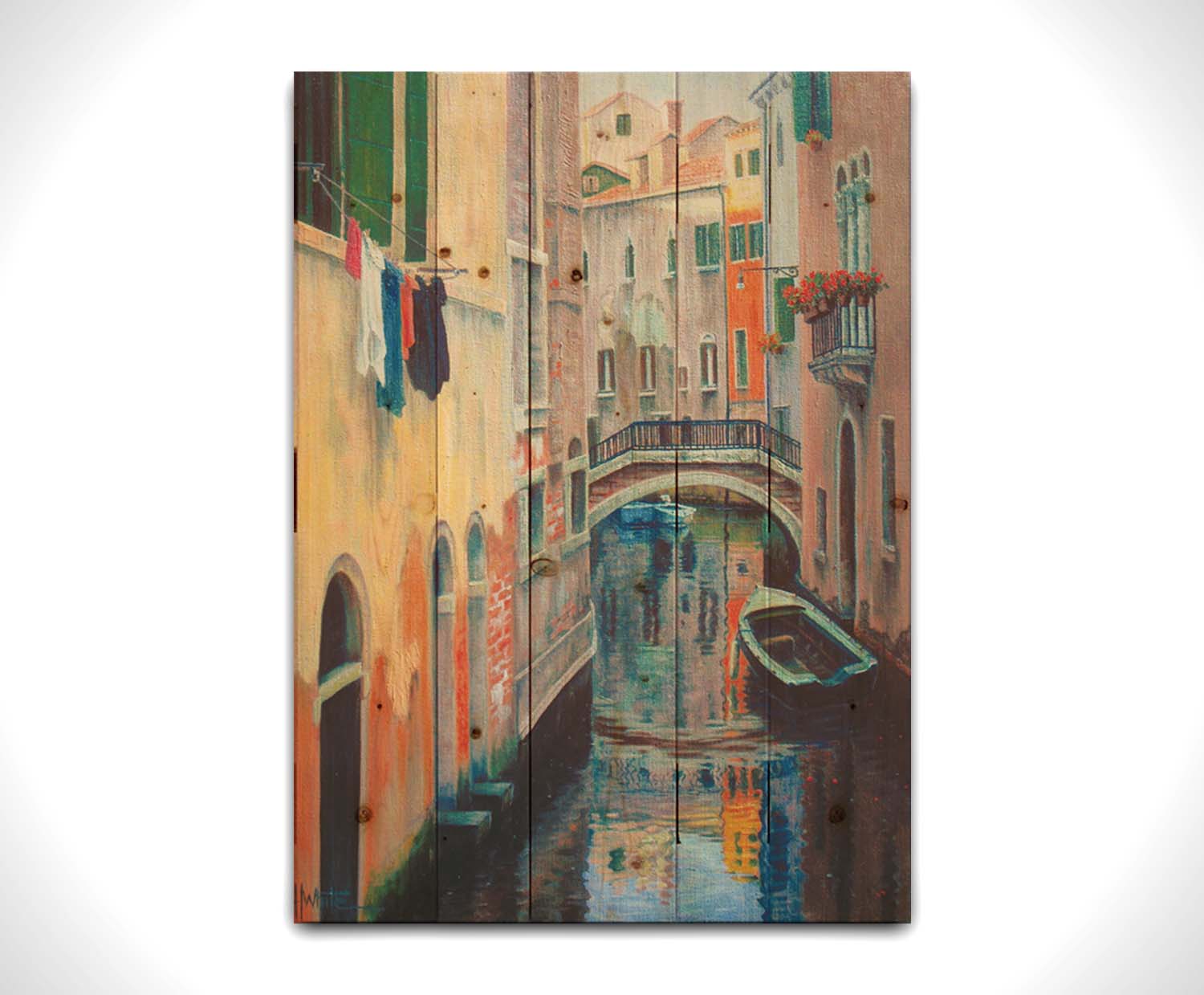 A painting of the alleyway canals of Venice, with boats floating on the water. Printed on a wood pallet.