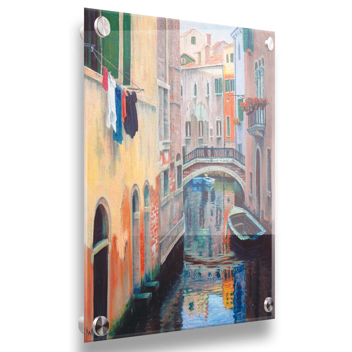 A painting of the alleyway canals of Venice, with boats floating on the water. Printed on acrylic.