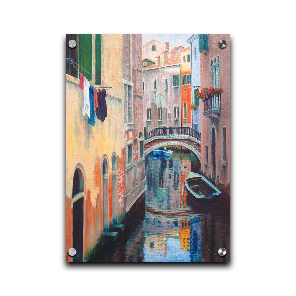 A painting of the alleyway canals of Venice, with boats floating on the water. Printed on acrylic.