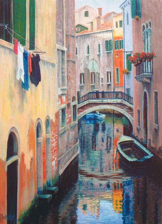 A painting of the alleyway canals of Venice, with boats floating on the water.