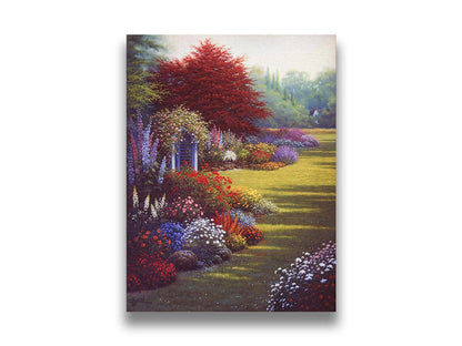 A painting of a grassy garden path, lined with blooming Buddleja and other flowers in red, pink, purple, blue, and white. Printed on canvas.