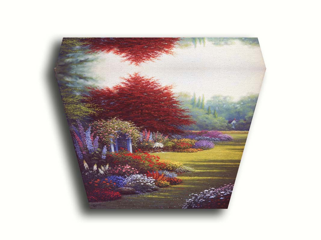 A painting of a grassy garden path, lined with blooming Buddleja and other flowers in red, pink, purple, blue, and white. Printed on canvas.