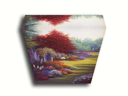 A painting of a grassy garden path, lined with blooming Buddleja and other flowers in red, pink, purple, blue, and white. Printed on canvas.