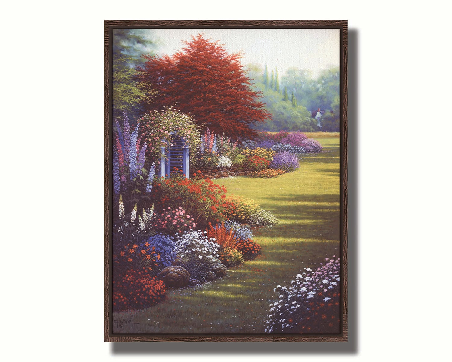 A painting of a grassy garden path, lined with blooming Buddleja and other flowers in red, pink, purple, blue, and white. Printed on canvas in a float frame.