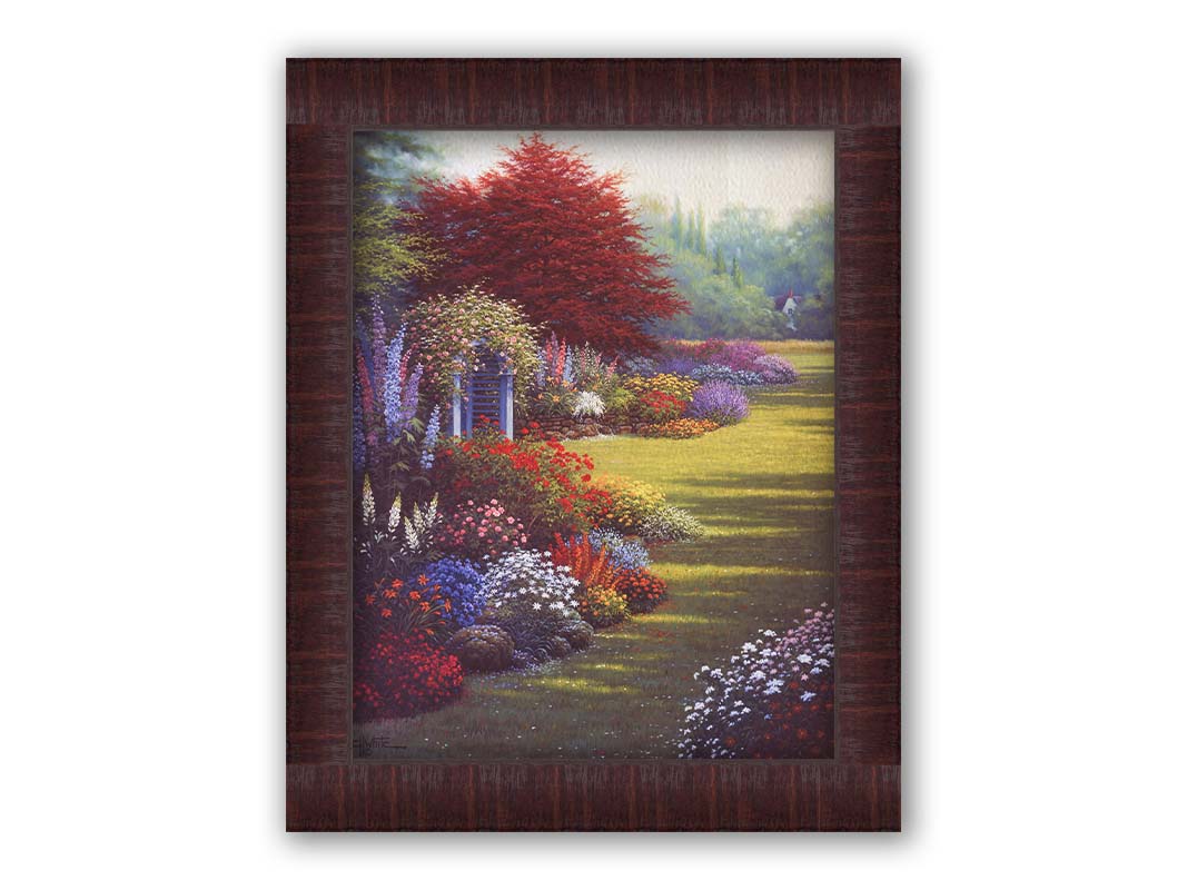 A painting of a grassy garden path, lined with blooming Buddleja and other flowers in red, pink, purple, blue, and white. Printed on canvas and framed.