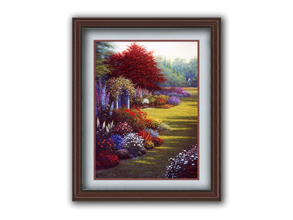 A painting of a grassy garden path, lined with blooming Buddleja and other flowers in red, pink, purple, blue, and white. Printed on paper, matted, and framed.