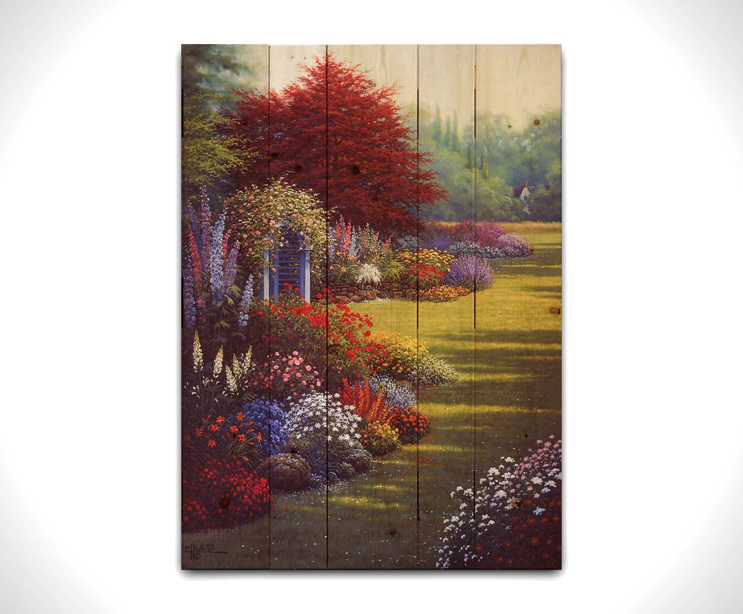 A painting of a grassy garden path, lined with blooming Buddleja and other flowers in red, pink, purple, blue, and white. Printed on a wood pallet.