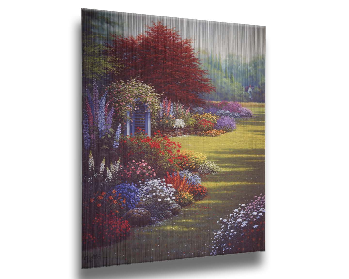 A painting of a grassy garden path, lined with blooming Buddleja and other flowers in red, pink, purple, blue, and white. Printed on metal.