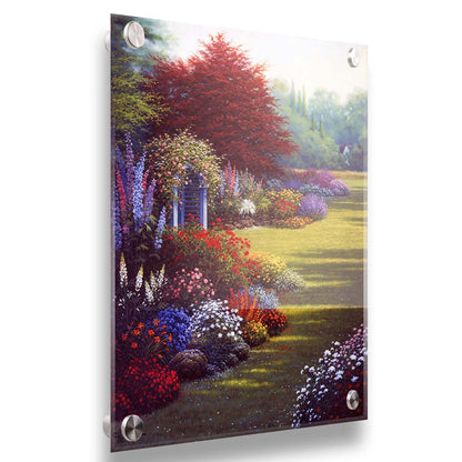 A painting of a grassy garden path, lined with blooming Buddleja and other flowers in red, pink, purple, blue, and white. Printed on acrylic.