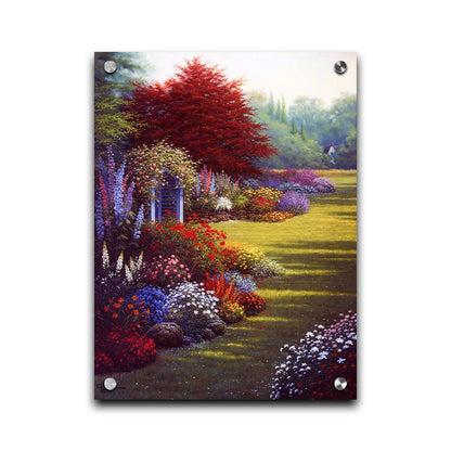 A painting of a grassy garden path, lined with blooming Buddleja and other flowers in red, pink, purple, blue, and white. Printed on acrylic.