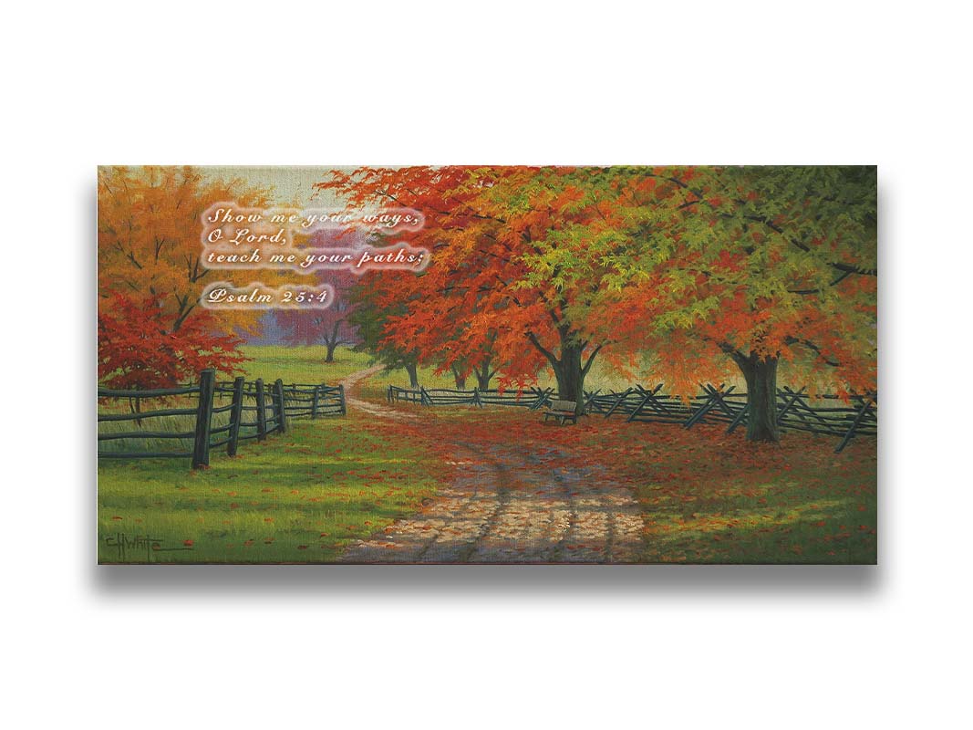 A painting of a road winding through a fenched field, surrounded by multicolor fall maple trees. Printed on canvas.