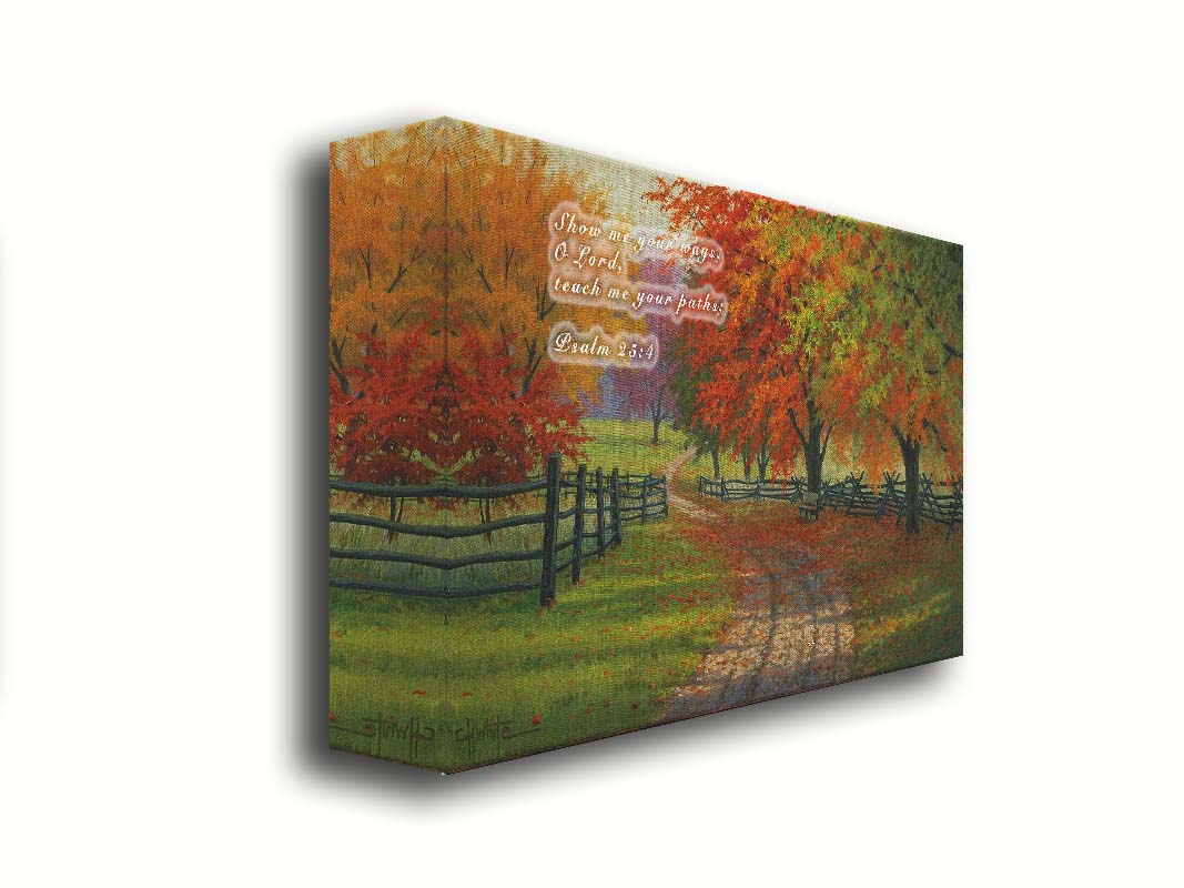 A painting of a road winding through a fenched field, surrounded by multicolor fall maple trees. Printed on canvas.